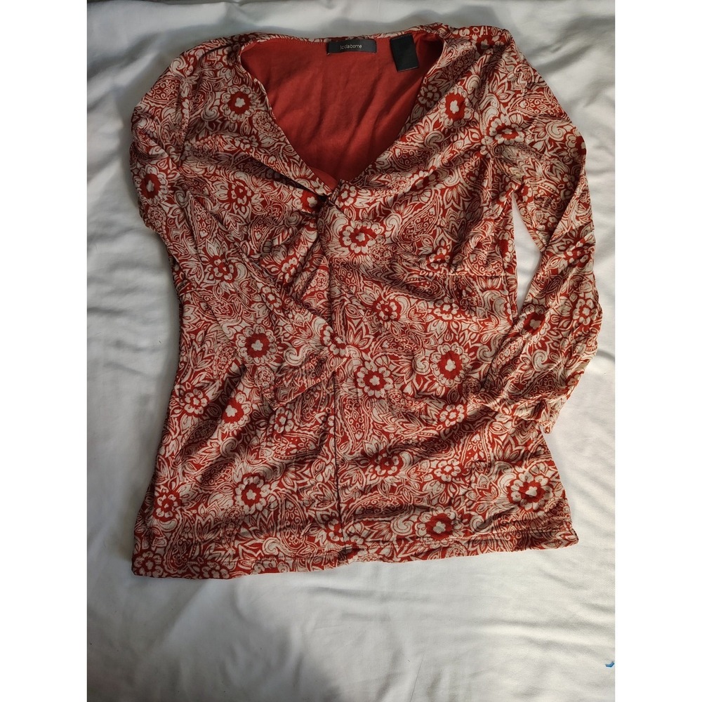 Liz Claiborne Red White Floral Paisley Draped V-Neck Short Sleeve Top